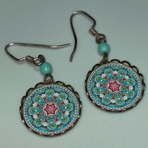 Turquoise, pink, and white mandala pattern earrings